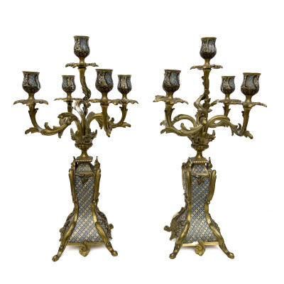 Rococo Revival Brass and Champlevé Enamel Candelabra
