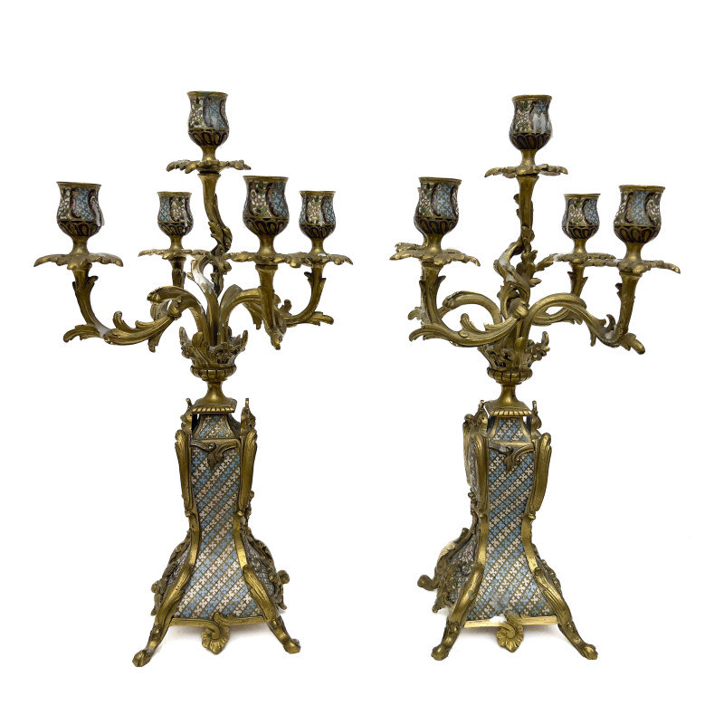 Rococo Revival Brass and Champlevé Enamel Candelabra