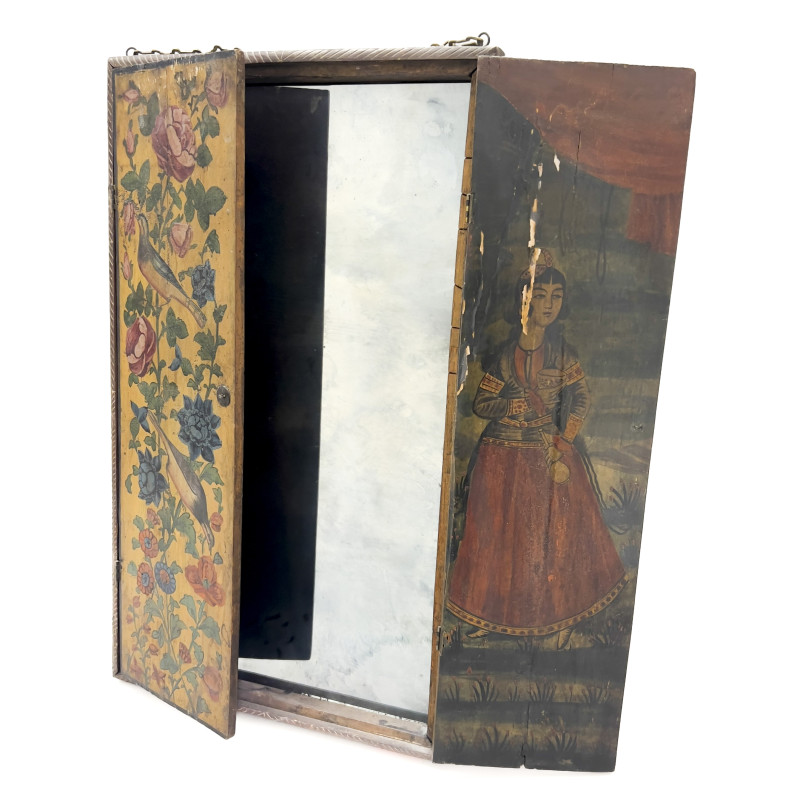 A Persian Style Qajar Lacquered Wood Traveling Mirror