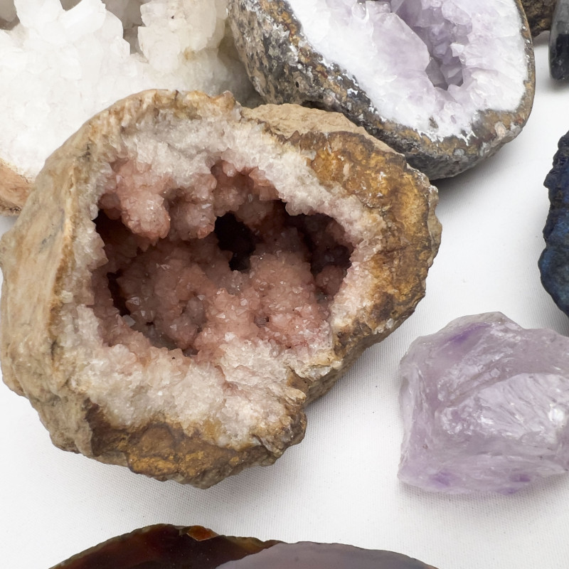 A Collection of Natural Geodes, Minerals, and Fossilized Ammonite Specimens