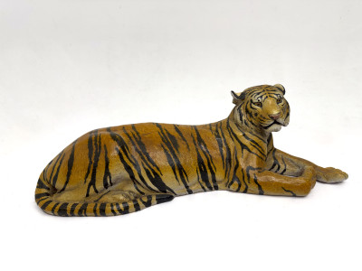 Image for Lot A Large Italian Majolica Glazed Terracotta Sculpture of a Reclining Tiger