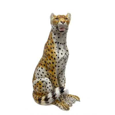 Image for Lot Ronzan - Polychrome Glazed Ceramic Seated Cheetah