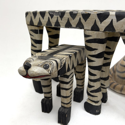 Polychromed Plaster over Composition Wood Tiger and Two Wooden Zebra