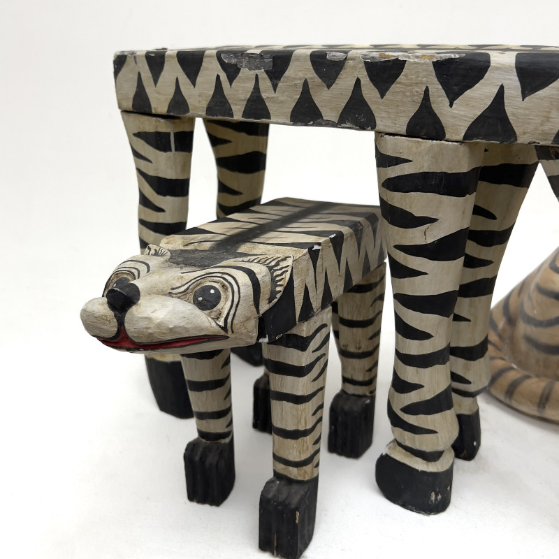 Polychromed Plaster over Composition Wood Tiger and Two Wooden Zebra