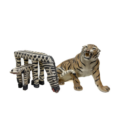 Image for Lot Polychromed Plaster over Composition Wood Tiger and Two Wooden Zebra