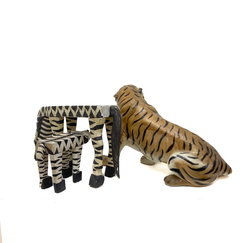 Polychromed Plaster over Composition Wood Tiger and Two Wooden Zebra