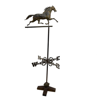 Image for Lot An American Patinated Copper Running Horse Weathervane on Stand
