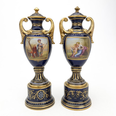 Image for Lot A Pair of Vienna Style Painted and Gilt Porcelain Covered Mantle Vases, Signed Koller