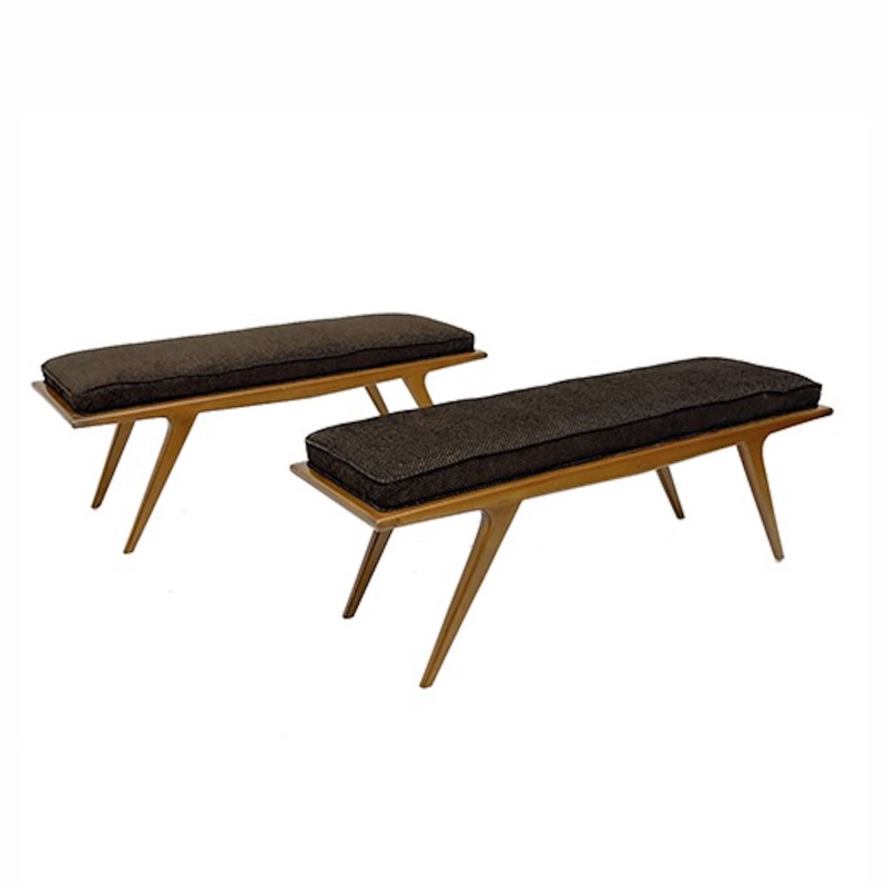 A Pair of Italian Mid-Century Modern Teak and Upholstered Benches