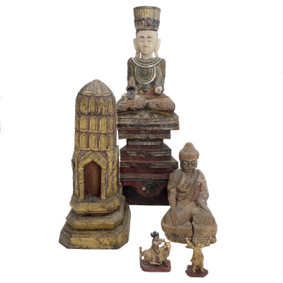 Image for Lot An Assembled Collection of Six Asian Carved, Gilded, and Polychrome Wood Figures and Architectural Models