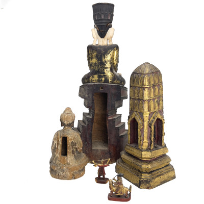An Assembled Collection of Six Asian Carved, Gilded, and Polychrome Wood Figures and Architectural Models