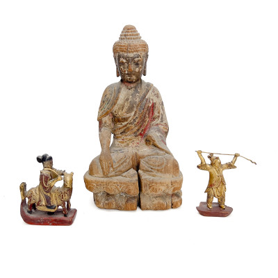An Assembled Collection of Six Asian Carved, Gilded, and Polychrome Wood Figures and Architectural Models