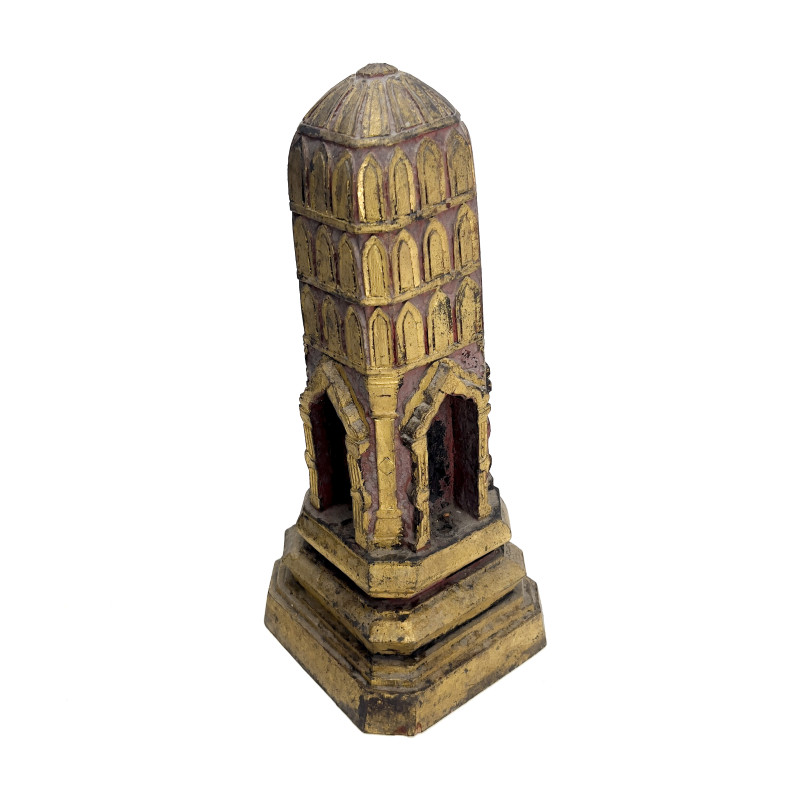 An Assembled Collection of Six Asian Carved, Gilded, and Polychrome Wood Figures and Architectural Models