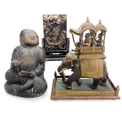 Image for Lot An Assembled Group of Three Asian Wooden Figural Carvings and Sculptures