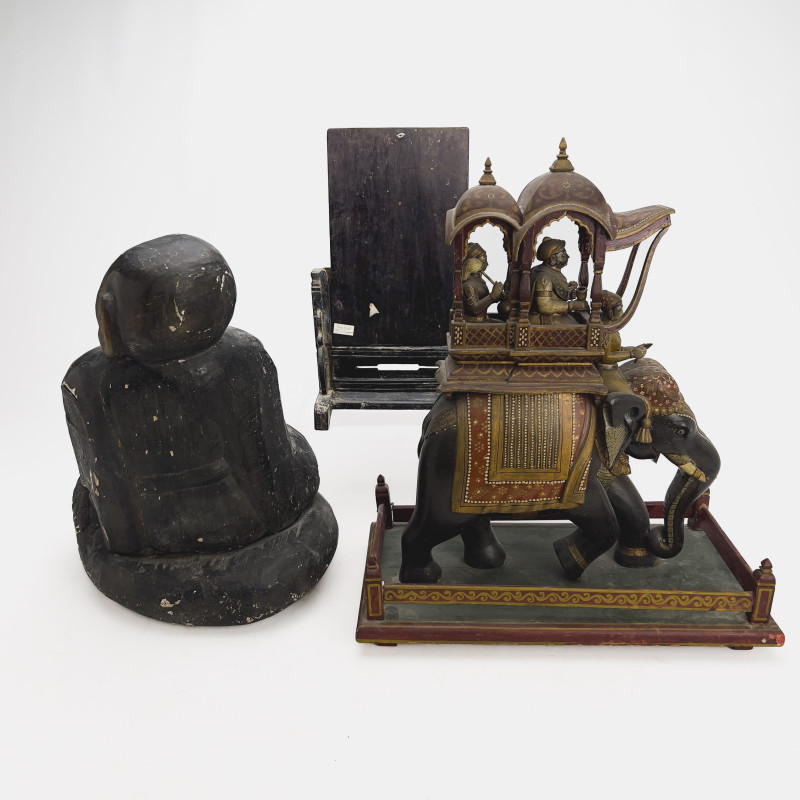 An Assembled Group of Three Asian Wooden Figural Carvings and Sculptures