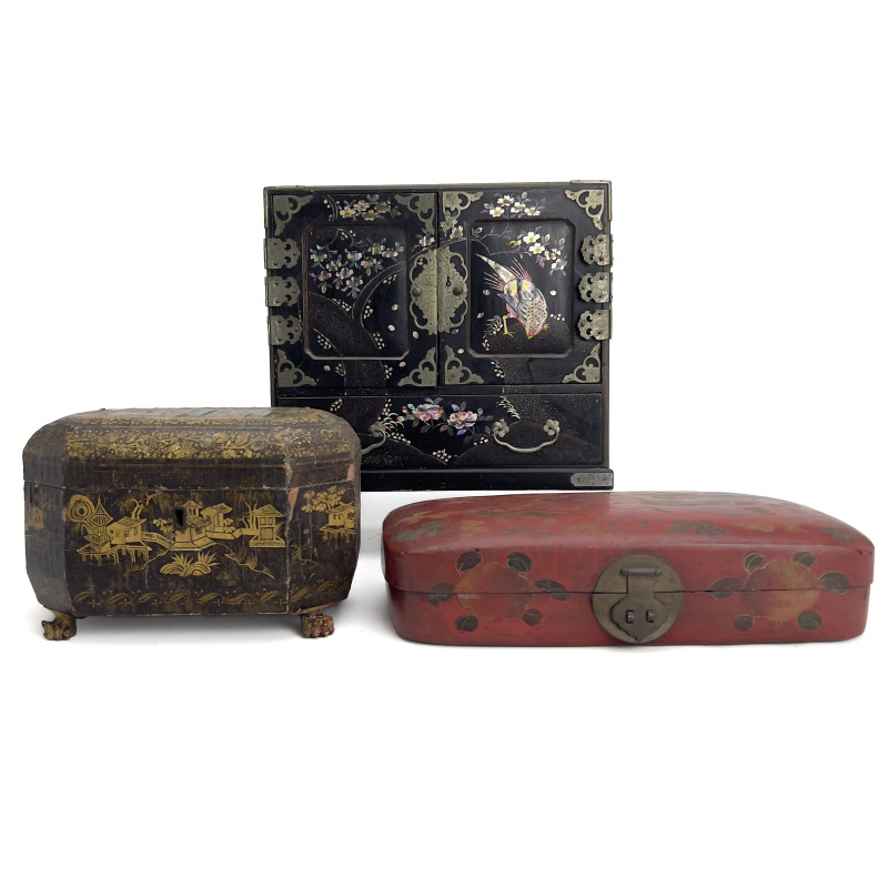 Collection of Asian Lacquered Wood Boxes and Cabinets
