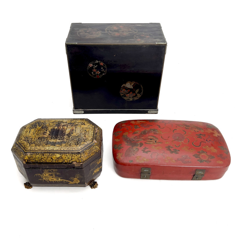 Collection of Asian Lacquered Wood Boxes and Cabinets