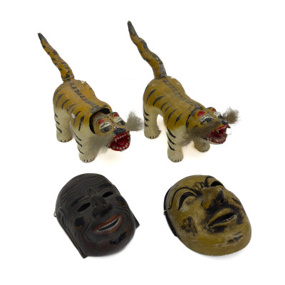 Image for Lot Collection of Japanese Hariko Folk Art Paper-Mache Tigers and Ritual Bugaku Masks