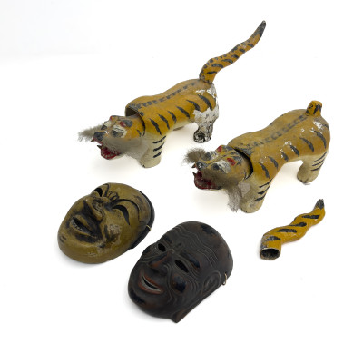 Collection of Japanese Hariko Folk Art Paper-Mache Tigers and Ritual Bugaku Masks