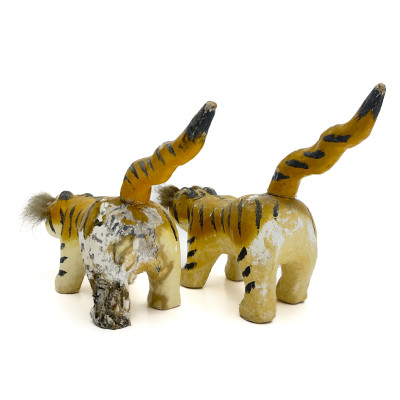 Collection of Japanese Hariko Folk Art Paper-Mache Tigers and Ritual Bugaku Masks