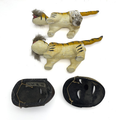 Collection of Japanese Hariko Folk Art Paper-Mache Tigers and Ritual Bugaku Masks