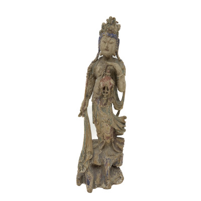 Image for Lot Chinese Polychrome Carved Wood Statue of Guanyin