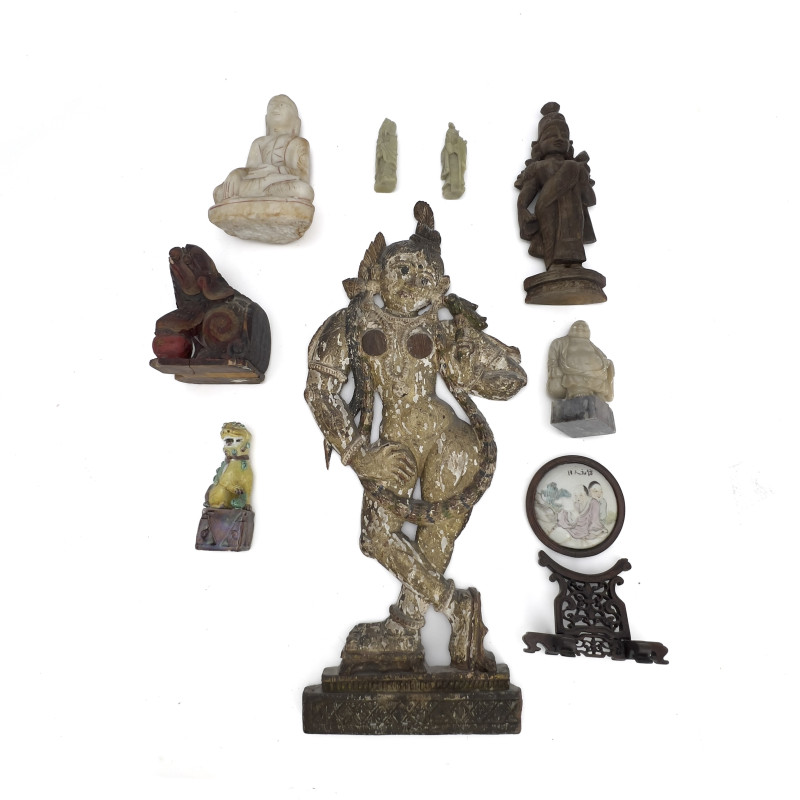 A Group of Chinese Decorative Hardstone, Porcelain Plaque, and Wood Objects