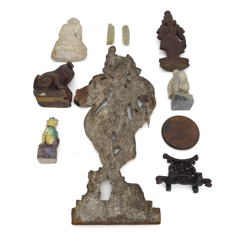A Group of Chinese Decorative Hardstone, Porcelain Plaque, and Wood Objects