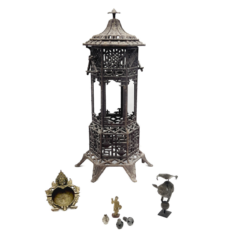 A Collection of Asian Metalwork and Carved Wood Decorative Items