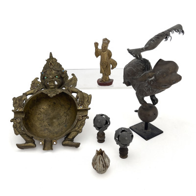 A Collection of Asian Metalwork and Carved Wood Decorative Items