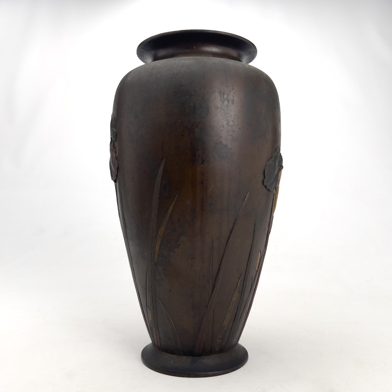 Kiryu Kosho Kaisha - Japanese Inlaid Patinated Bronze Iris Vase