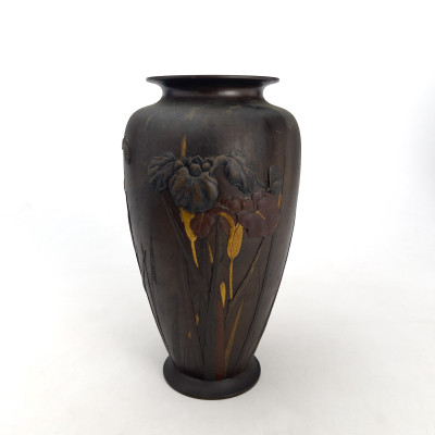 Image for Lot Kiryu Kosho Kaisha - Japanese Inlaid Patinated Bronze Iris Vase