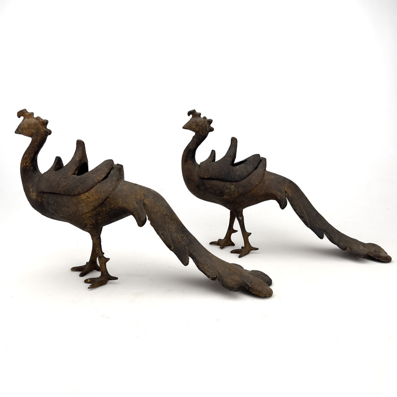 A Pair of Qajar Style Cast Iron Peacock Form Incense Burners