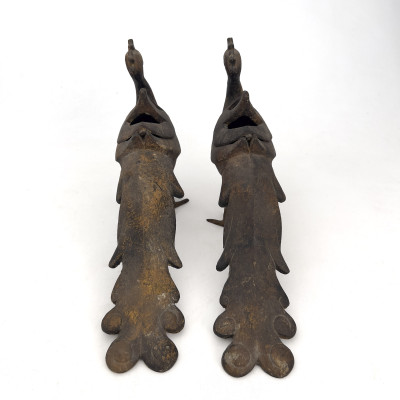 A Pair of Qajar Style Cast Iron Peacock Form Incense Burners
