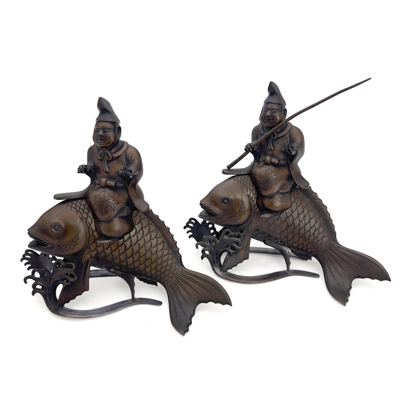 Pair of Japanese Bronze Ebisu and Carp Incense Burners (Koro)