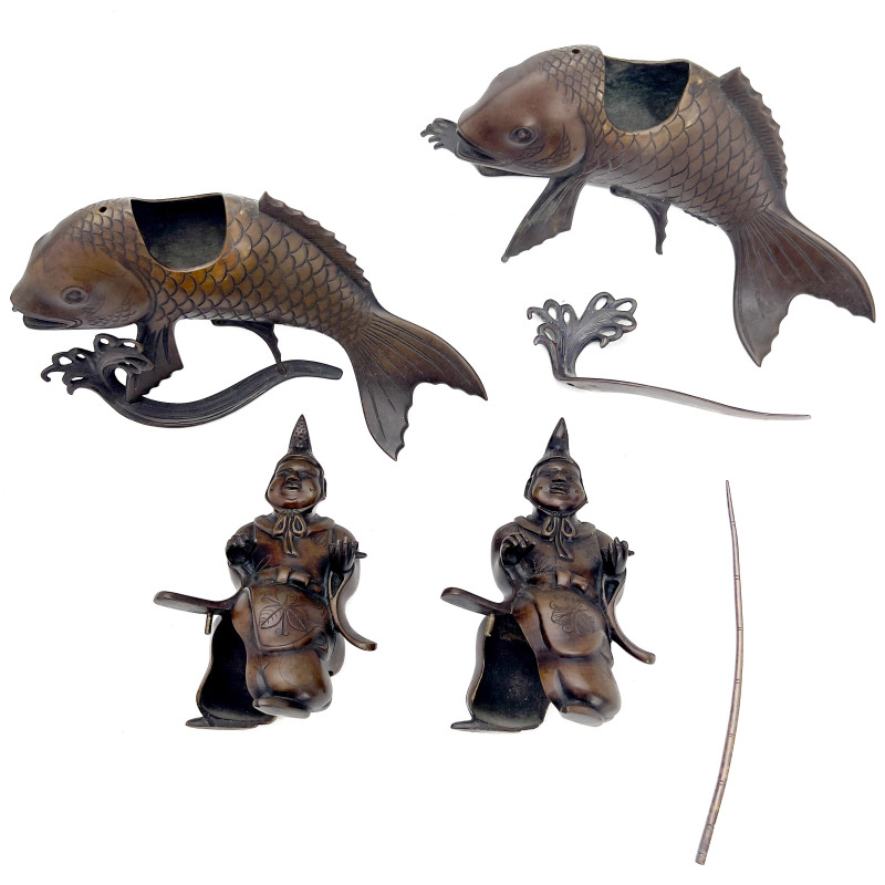 Pair of Japanese Bronze Ebisu and Carp Incense Burners (Koro)