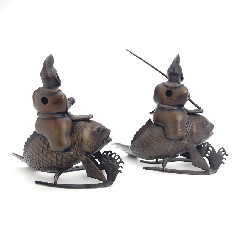Pair of Japanese Bronze Ebisu and Carp Incense Burners (Koro)