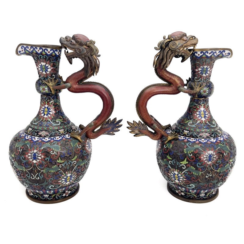 A Pair of Chinese Cloisonné Enamel Vases with Dragon Handles