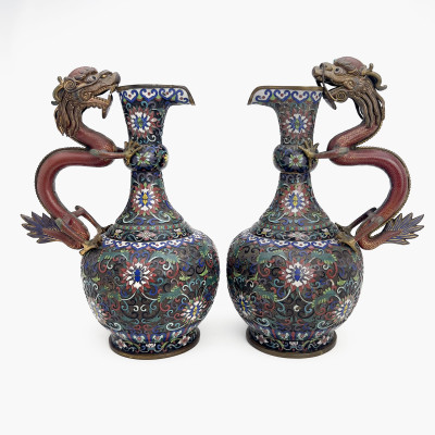 A Pair of Chinese Cloisonné Enamel Vases with Dragon Handles