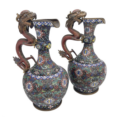 Image for Lot A Pair of Chinese Cloisonné Enamel Vases with Dragon Handles