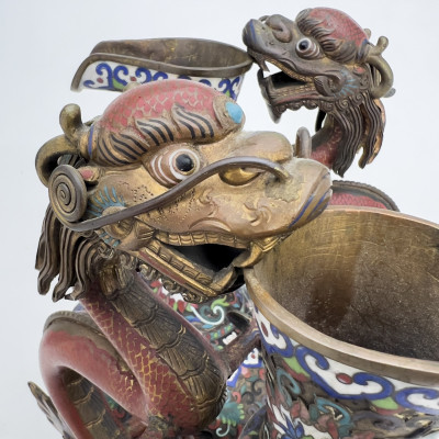 A Pair of Chinese Cloisonné Enamel Vases with Dragon Handles