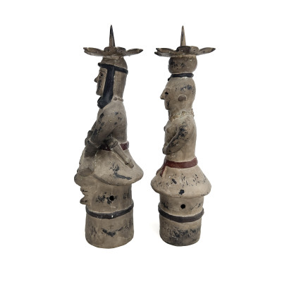 A Pair of Chinese Bronze or Brass Figural Candlesticks