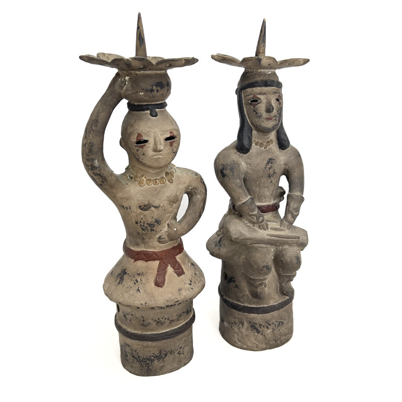 A Pair of Chinese Bronze or Brass Figural Candlesticks