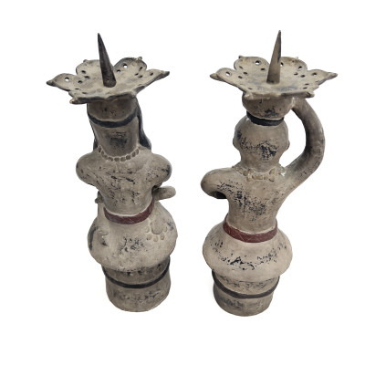 A Pair of Chinese Bronze or Brass Figural Candlesticks