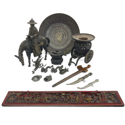 Image for Lot Ethnographic Artifacts, Decorative Metalwork, and a Wood Carving, Southeast and East Asian