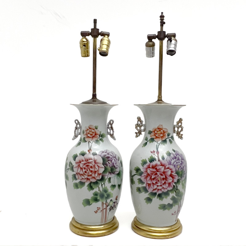 A pair of Chinese Peony porcelain vases Mounted as Lamps