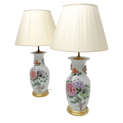 A pair of Chinese Peony porcelain vases Mounted as Lamps