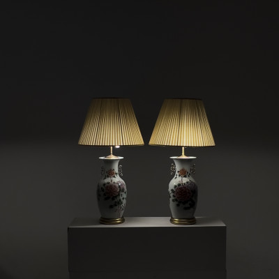 A pair of Chinese Peony porcelain vases Mounted as Lamps