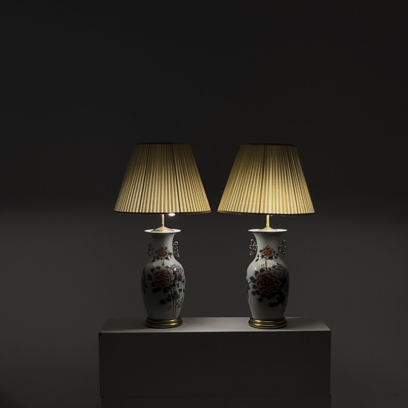 A pair of Chinese Peony porcelain vases Mounted as Lamps