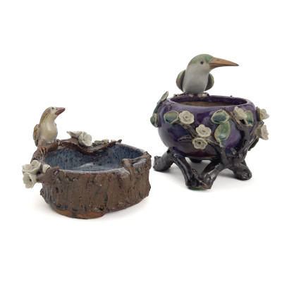 Image for Lot Two Chinese Shiwan Glazed Stoneware Bird Bowls